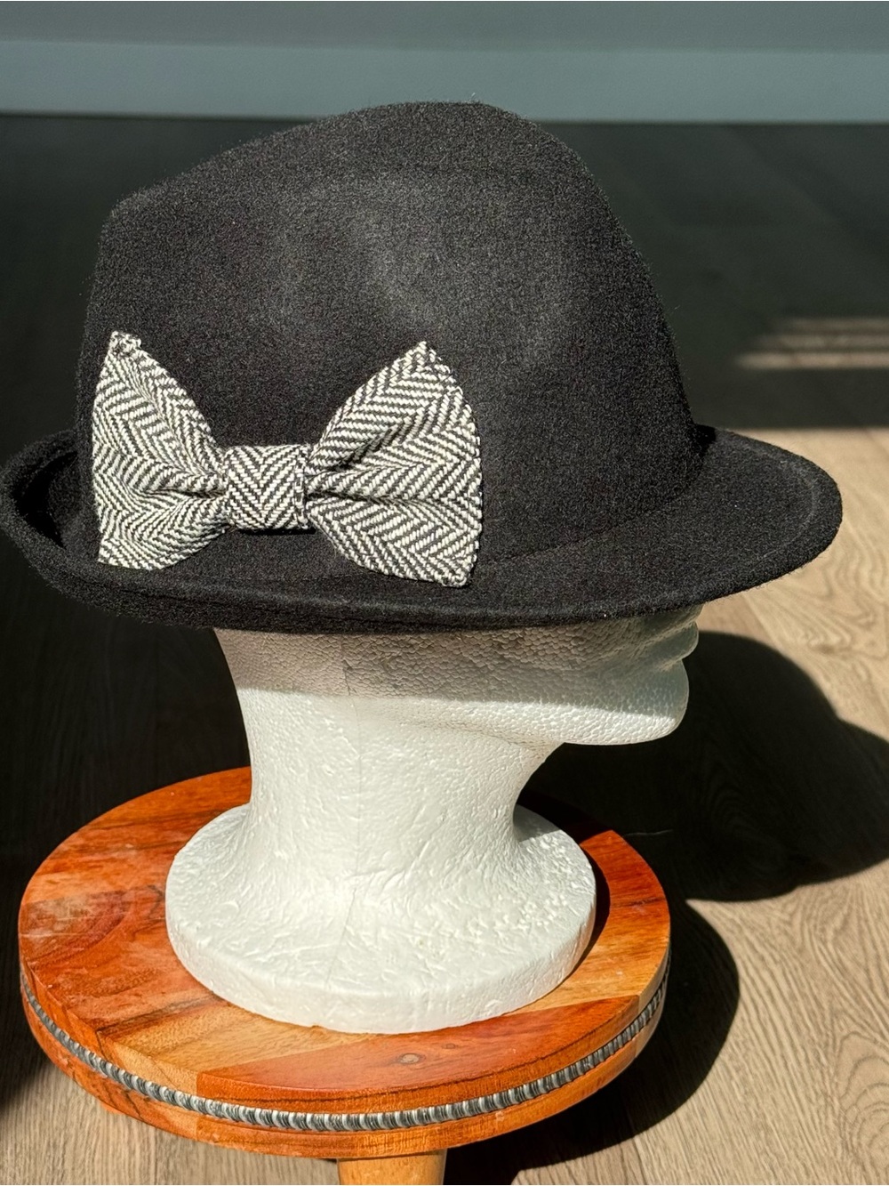 100% Wool Bowler Hat Black Herringbone Bow Derby Hat Classic Preppy
